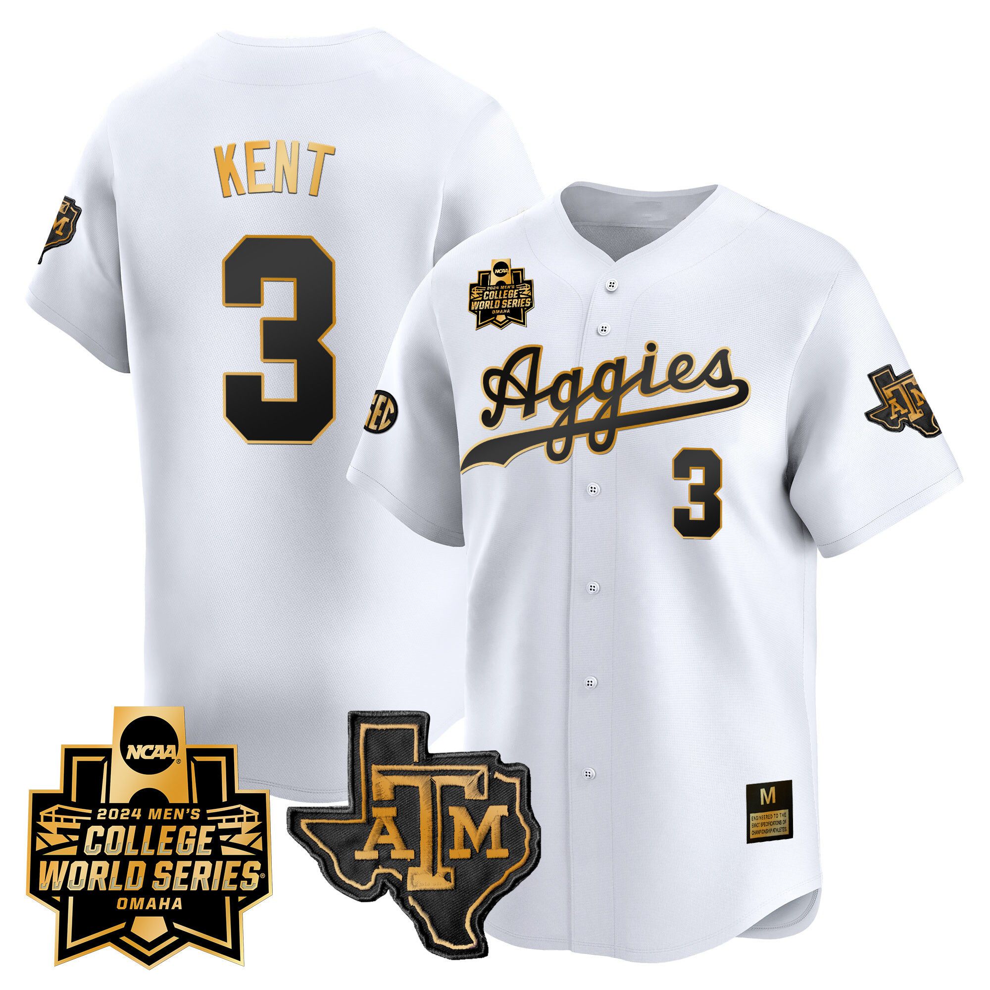 Men Texas A&M Aggies #3 Kent White 2024 College World Series Vapor Premier Limited NCAA Jersey style 1